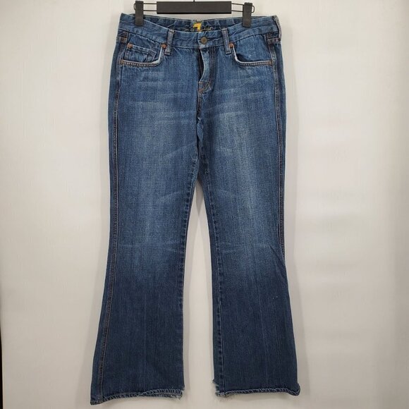 7 For All Mankind Flared Denim Jeans Mid Rise Dark Wash Size 30 Womens Blue - Picture 1 of 14